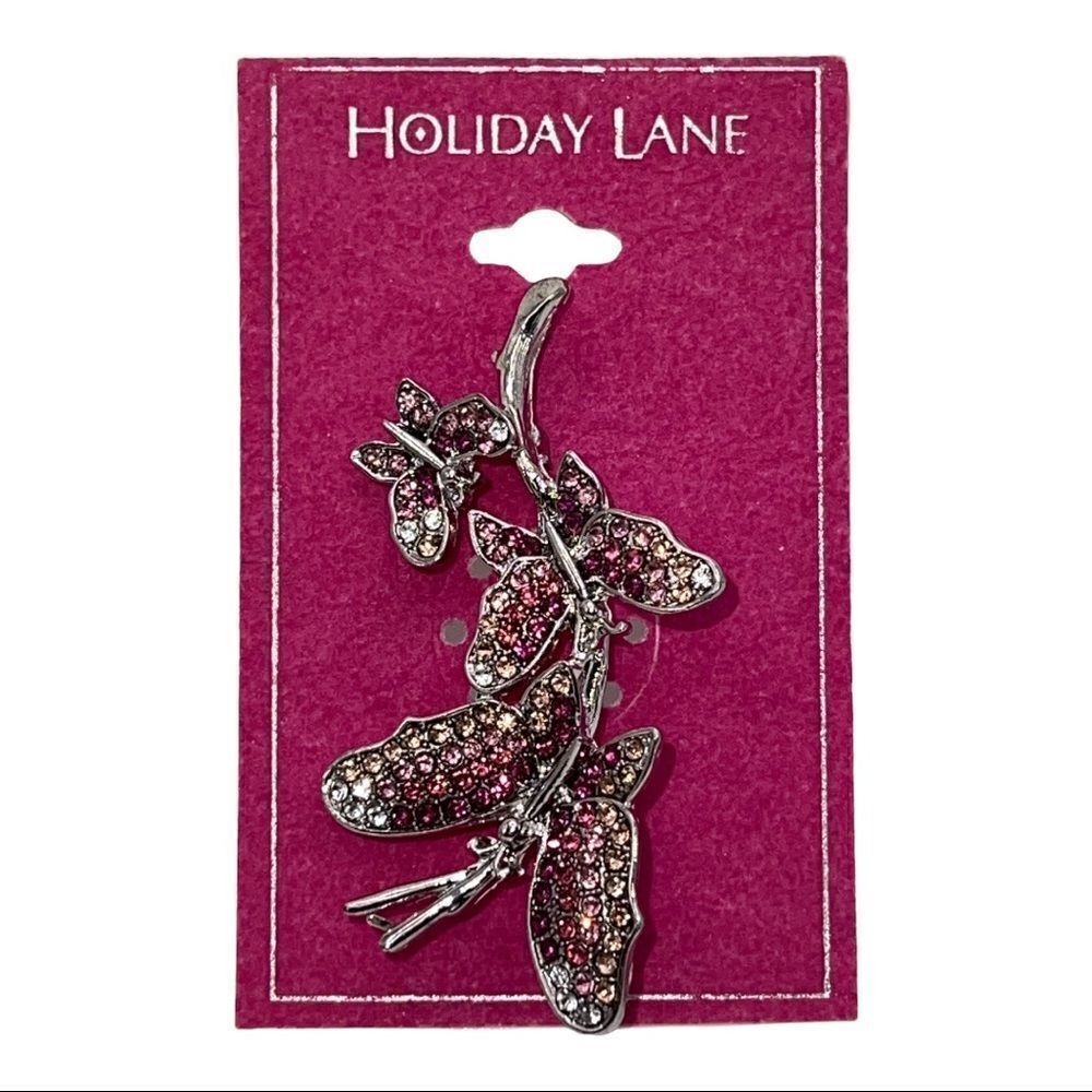Charter Club Holiday Lane Silver-Tone Pink Pavé Triple Butterfly Pin New - Picture 2 of 3